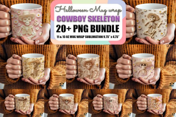 Cowboy Skeleton 3D Mug Wrap Bundle: A Bold Graphic Design Asset for Halloween-Themed Crafts