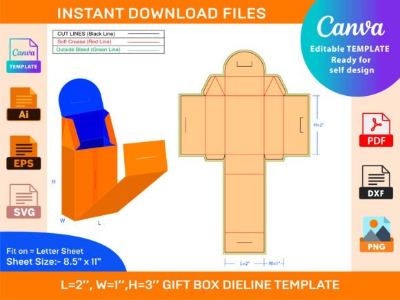 Gift Box Dieline Template 2x1x3 Inch Graphics and Crafts