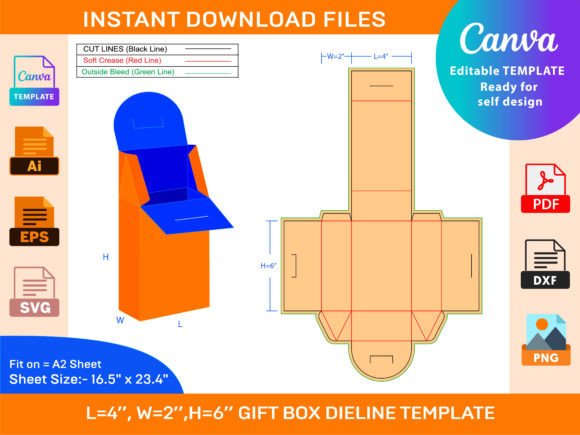 Gift Box Dieline Template 4x2x6 Inch