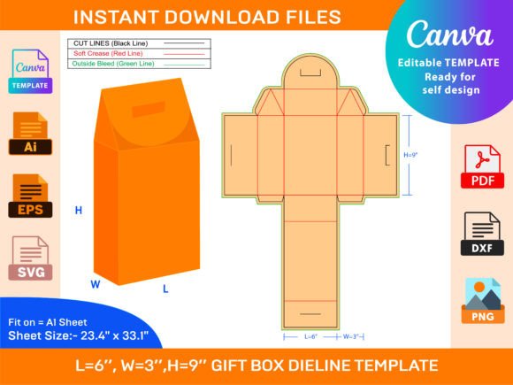 Gift Box Dieline Template 6x3x9 Inch