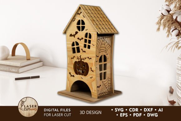 Halloween Decorative House 3D Design for Laser Cutting and Autumn Amp Projects